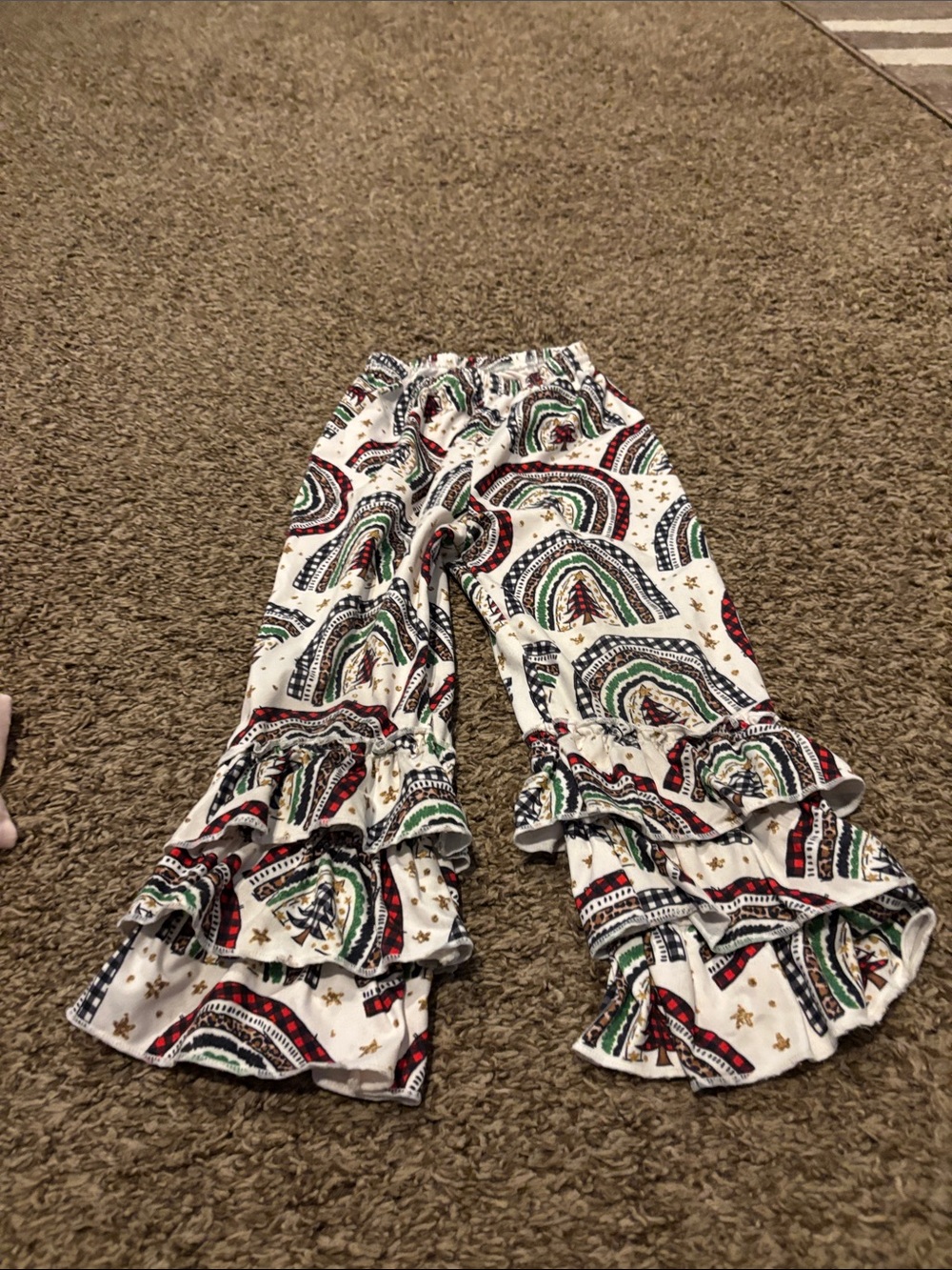 Girls White Ruffle Hem Holiday Print Pants